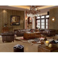 Whoseller Modern Living Room Furniture Genuine Leather Dual Button Elegant Sectional Chesterfield Sofa Set